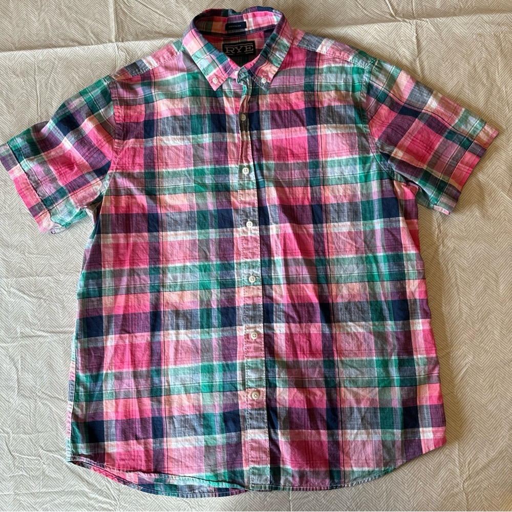 Rye‎ By Hawker Rye Men’s L Plaid Button Down Short Sleeve Pink Green Navy